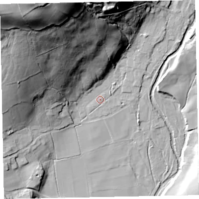 Shaded relief map of the ground around CA201BL, computed from Environment Agency LiDAR. The ground here sits at about 53 m above sea level and falls 86 m across the surrounding 800 m. Surface water reaching this point runs off ground lying to the north-north-west, 74.6 m higher.