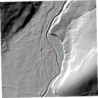 Shaded relief map of the ground around CA201BQ, computed from Environment Agency LiDAR. The ground here sits at about 52 m above sea level and falls 62 m across the surrounding 800 m. Surface water reaching this point runs off ground lying to the north-north-west, 1.8 m higher.
