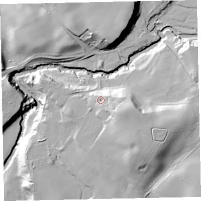 Shaded relief map of the ground around CA201DB, computed from Environment Agency LiDAR. The ground here sits at about 67 m above sea level and falls 39 m across the surrounding 800 m. Surface water reaching this point runs off ground lying to the east-south-east, 11.9 m higher.