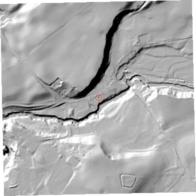 Shaded relief map of the ground around CA201DE, computed from Environment Agency LiDAR. The ground here sits at about 53 m above sea level and falls 37 m across the surrounding 800 m. Surface water reaching this point runs off ground lying to the north, 19.4 m higher.
