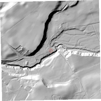 Shaded relief map of the ground around CA201DL, computed from Environment Agency LiDAR. The ground here sits at about 55 m above sea level and falls 33 m across the surrounding 800 m. Surface water reaching this point runs off ground lying to the north-west, 1.5 m higher.