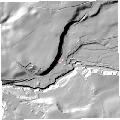 Shaded relief map of the ground around CA201DN, computed from Environment Agency LiDAR. The ground here sits at about 55 m above sea level and falls 37 m across the surrounding 800 m. Surface water reaching this point runs off ground lying to the west, 18.5 m higher.