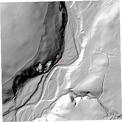 Shaded relief map of the ground around CA201DZ, computed from Environment Agency LiDAR. The ground here sits at about 75 m above sea level and falls 85 m across the surrounding 800 m. Surface water reaching this point runs off ground lying to the north-north-west, 76.2 m higher.