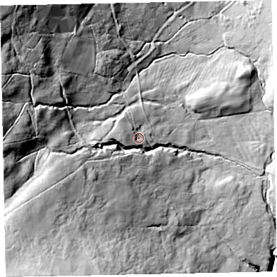 Shaded relief map of the ground around CA201EE, computed from Environment Agency LiDAR. The ground here sits at about 227 m above sea level and falls 118 m across the surrounding 800 m. Surface water reaching this point runs off ground lying to the west, 15.6 m higher.