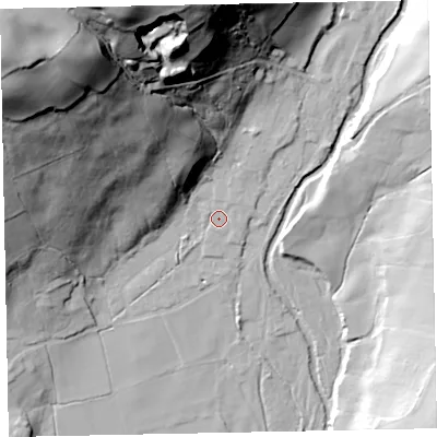Shaded relief map of the ground around CA201EF, computed from Environment Agency LiDAR. The ground here sits at about 55 m above sea level and falls 87 m across the surrounding 800 m. Surface water reaching this point runs off ground lying to the north-north-east, 2.1 m higher.