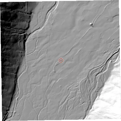 Shaded relief map of the ground around CA201EX, computed from Environment Agency LiDAR. The ground here sits at about 79 m above sea level and falls 97 m across the surrounding 800 m. Surface water reaching this point runs off ground lying to the north-east, 6.3 m higher.