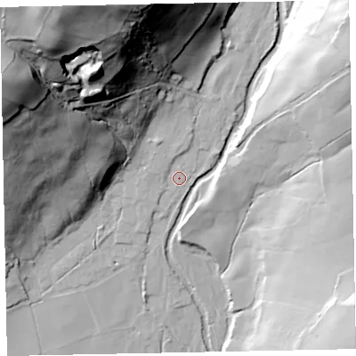 Shaded relief map of the ground around CA201FA, computed from Environment Agency LiDAR. The ground here sits at about 57 m above sea level and falls 91 m across the surrounding 800 m. Surface water reaching this point runs off ground lying to the north-west, 83.1 m higher.