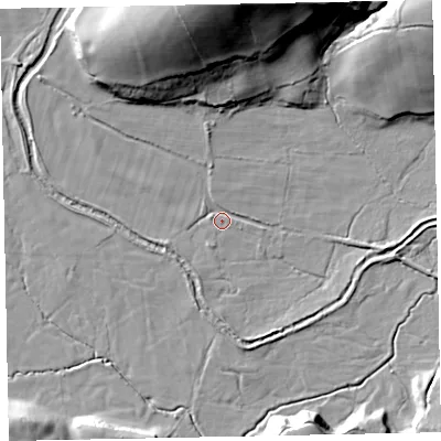 Shaded relief map of the ground around CA201JB, computed from Environment Agency LiDAR. The ground here sits at about 40 m above sea level and falls 38 m across the surrounding 800 m. Surface water reaching this point runs off ground lying to the north, 34.2 m higher.