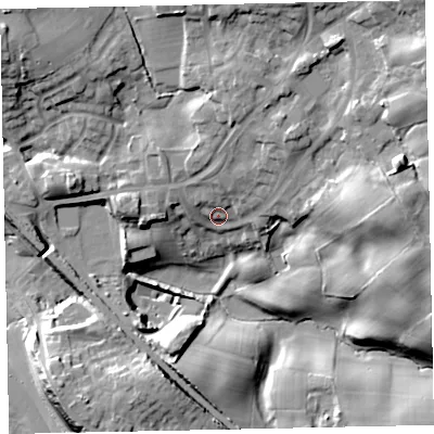 Shaded relief map of the ground around CA201NH, computed from Environment Agency LiDAR. The ground here sits at about 16 m above sea level and falls 28 m across the surrounding 800 m. Surface water reaching this point runs off ground lying to the north-east, 9.0 m higher.