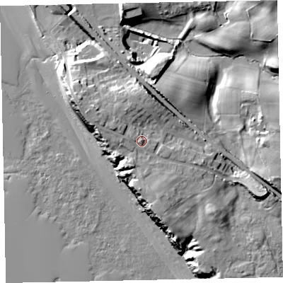 Shaded relief map of the ground around CA201NU, computed from Environment Agency LiDAR. The ground here sits at about 20 m above sea level and falls 26 m across the surrounding 800 m. Surface water reaching this point runs off ground lying to the north, 2.9 m higher.