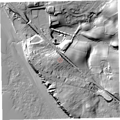 Shaded relief map of the ground around CA201PB, computed from Environment Agency LiDAR. The ground here sits at about 21 m above sea level and falls 30 m across the surrounding 800 m. Surface water reaching this point runs off ground lying to the north-north-east, 0.9 m higher.