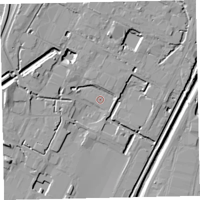 Shaded relief map of the ground around CA201PG, computed from Environment Agency LiDAR. The ground here sits at about 17 m above sea level and falls 14 m across the surrounding 800 m. Surface water reaching this point runs off ground lying to the north, 3.6 m higher.