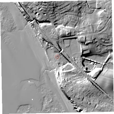 Shaded relief map of the ground around CA201PZ, computed from Environment Agency LiDAR. The ground here sits at about 8 m above sea level and falls 29 m across the surrounding 800 m. Surface water reaching this point runs off ground lying to the south-south-east, 14.2 m higher.