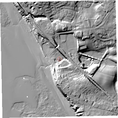 Shaded relief map of the ground around CA201QB, computed from Environment Agency LiDAR. The ground here sits at about 8 m above sea level and falls 26 m across the surrounding 800 m. Surface water reaching this point runs off ground lying to the south, 14.2 m higher.
