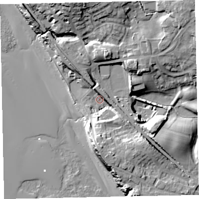 Shaded relief map of the ground around CA201QD, computed from Environment Agency LiDAR. The ground here sits at about 8 m above sea level and falls 27 m across the surrounding 800 m. Surface water reaching this point runs off ground lying to the south, 14.2 m higher.