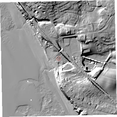 Shaded relief map of the ground around CA201QE, computed from Environment Agency LiDAR. The ground here sits at about 8 m above sea level and falls 27 m across the surrounding 800 m. Surface water reaching this point runs off ground lying to the south-south-east, 14.2 m higher.