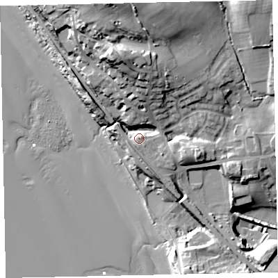 Shaded relief map of the ground around CA201QS, computed from Environment Agency LiDAR. The ground here sits at about 15 m above sea level and falls 37 m across the surrounding 800 m. Surface water reaching this point runs off ground lying to the north-north-west, 25.2 m higher.