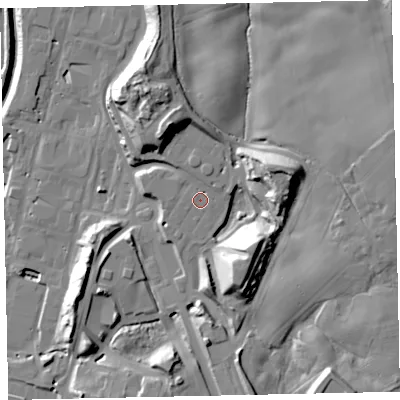 Shaded relief map of the ground around CA201RG, computed from Environment Agency LiDAR. The ground here sits at about 27 m above sea level and falls 37 m across the surrounding 800 m. Surface water reaching this point runs off ground lying to the north-north-east, 2.7 m higher.