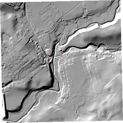 Shaded relief map of the ground around CA212XS, computed from Environment Agency LiDAR. The ground here sits at about 25 m above sea level and falls 33 m across the surrounding 800 m. Surface water reaching this point runs off ground lying to the east, 5.0 m higher.