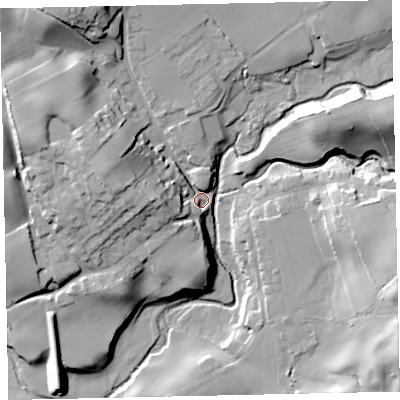 Shaded relief map of the ground around CA212XT, computed from Environment Agency LiDAR. The ground here sits at about 25 m above sea level and falls 31 m across the surrounding 800 m. Surface water reaching this point runs off ground lying to the north-west, 19.8 m higher.
