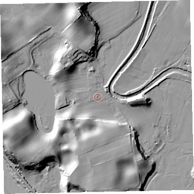 Shaded relief map of the ground around CA212YH, computed from Environment Agency LiDAR. The ground here sits at about 13 m above sea level and falls 34 m across the surrounding 800 m. Surface water reaching this point runs off ground lying to the north-west, 0.5 m higher.