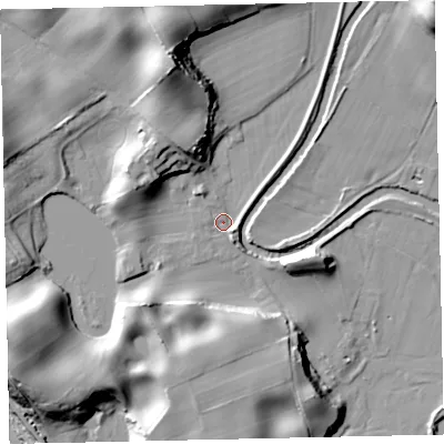 Shaded relief map of the ground around CA212YJ, computed from Environment Agency LiDAR. The ground here sits at about 12 m above sea level and falls 30 m across the surrounding 800 m. Surface water reaching this point runs off ground lying to the north-north-west, 22.8 m higher.