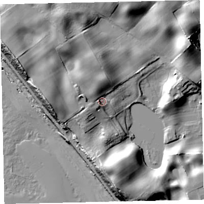 Shaded relief map of the ground around CA212YL, computed from Environment Agency LiDAR. The ground here sits at about 22 m above sea level and falls 37 m across the surrounding 800 m. Surface water reaching this point runs off ground lying to the west-north-west, 7.5 m higher.