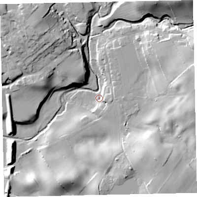 Shaded relief map of the ground around CA212YT, computed from Environment Agency LiDAR. The ground here sits at about 22 m above sea level and falls 33 m across the surrounding 800 m. Surface water reaching this point runs off ground lying to the east, 7.3 m higher.