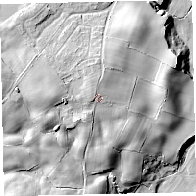 Shaded relief map of the ground around CA222AL, computed from Environment Agency LiDAR. The ground here sits at about 58 m above sea level and falls 34 m across the surrounding 800 m. Surface water reaching this point runs off ground lying to the north-west, 2.9 m higher.
