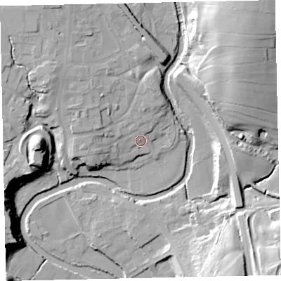 Shaded relief map of the ground around CA222AP, computed from Environment Agency LiDAR. The ground here sits at about 43 m above sea level and falls 38 m across the surrounding 800 m. Surface water reaching this point runs off ground lying to the north-west, 8.2 m higher.