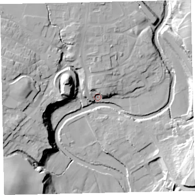 Shaded relief map of the ground around CA222AX, computed from Environment Agency LiDAR. The ground here sits at about 39 m above sea level and falls 28 m across the surrounding 800 m. Surface water reaching this point runs off ground lying to the north-north-west, 13.0 m higher.