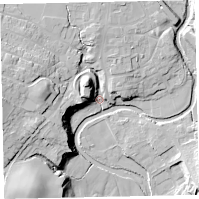 Shaded relief map of the ground around CA222AZ, computed from Environment Agency LiDAR. The ground here sits at about 39 m above sea level and falls 28 m across the surrounding 800 m. Surface water reaching this point runs off ground lying to the west-north-west, 24.1 m higher.