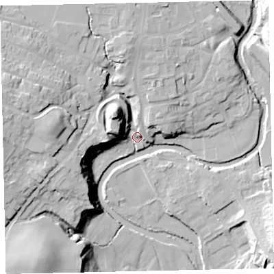 Shaded relief map of the ground around CA222BA, computed from Environment Agency LiDAR. The ground here sits at about 39 m above sea level and falls 28 m across the surrounding 800 m. Surface water reaching this point runs off ground lying to the west-north-west, 24.3 m higher.