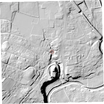 Shaded relief map of the ground around CA222BB, computed from Environment Agency LiDAR. The ground here sits at about 46 m above sea level and falls 30 m across the surrounding 800 m. Surface water reaching this point runs off ground lying to the west, 21.0 m higher.
