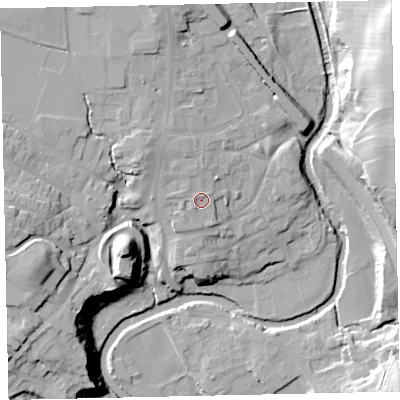 Shaded relief map of the ground around CA222DH, computed from Environment Agency LiDAR. The ground here sits at about 47 m above sea level and falls 31 m across the surrounding 800 m. Surface water reaching this point runs off ground lying to the north-west, 3.1 m higher.