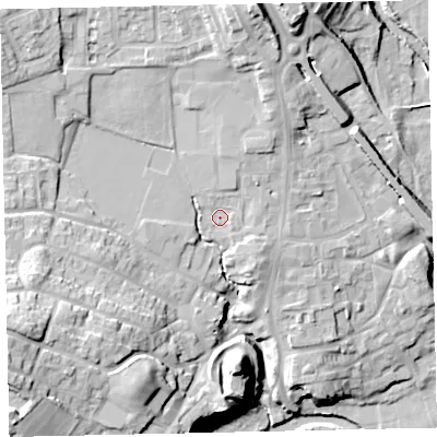 Shaded relief map of the ground around CA222DT, computed from Environment Agency LiDAR. The ground here sits at about 48 m above sea level and falls 30 m across the surrounding 800 m. Surface water reaching this point runs off ground lying to the north-north-east, 2.2 m higher.