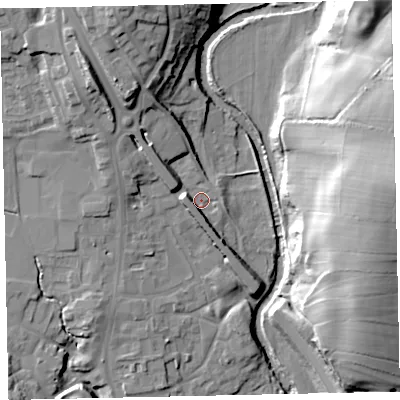 Shaded relief map of the ground around CA222DY, computed from Environment Agency LiDAR. The ground here sits at about 46 m above sea level and falls 35 m across the surrounding 800 m. Surface water reaching this point runs off ground lying to the west, 4.9 m higher.