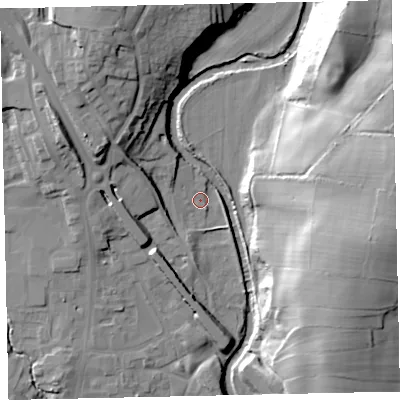 Shaded relief map of the ground around CA222DZ, computed from Environment Agency LiDAR. The ground here sits at about 43 m above sea level and falls 36 m across the surrounding 800 m. Surface water reaching this point runs off ground lying to the north-north-west, 23.3 m higher.
