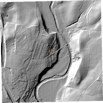 Shaded relief map of the ground around CA222EJ, computed from Environment Agency LiDAR. The ground here sits at about 56 m above sea level and falls 39 m across the surrounding 800 m. Surface water reaching this point runs off ground lying to the north-west, 12.6 m higher.