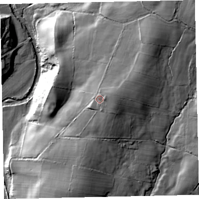 Shaded relief map of the ground around CA222EL, computed from Environment Agency LiDAR. The ground here sits at about 81 m above sea level and falls 55 m across the surrounding 800 m. Surface water reaching this point runs off ground lying to the east, 3.5 m higher.