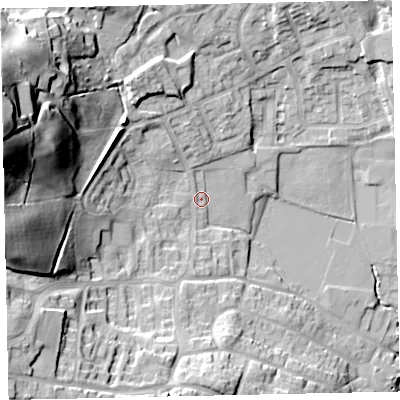 Shaded relief map of the ground around CA222EZ, computed from Environment Agency LiDAR. The ground here sits at about 52 m above sea level and falls 47 m across the surrounding 800 m. Surface water reaching this point runs off ground lying to the west-north-west, 38.7 m higher.