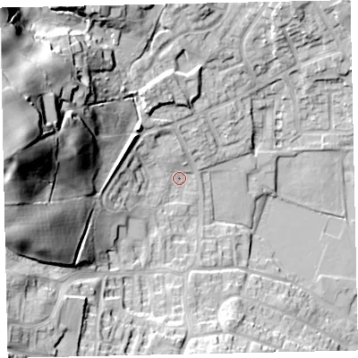 Shaded relief map of the ground around CA222HA, computed from Environment Agency LiDAR. The ground here sits at about 53 m above sea level and falls 45 m across the surrounding 800 m. Surface water reaching this point runs off ground lying to the west, 40.6 m higher.