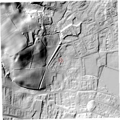 Shaded relief map of the ground around CA222HD, computed from Environment Agency LiDAR. The ground here sits at about 55 m above sea level and falls 46 m across the surrounding 800 m. Surface water reaching this point runs off ground lying to the west-south-west, 24.1 m higher.