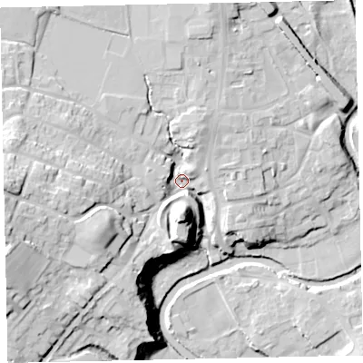 Shaded relief map of the ground around CA222JN, computed from Environment Agency LiDAR. The ground here sits at about 44 m above sea level and falls 30 m across the surrounding 800 m. Surface water reaching this point runs off ground lying to the west, 22.2 m higher.