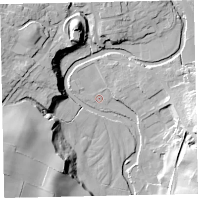 Shaded relief map of the ground around CA222NL, computed from Environment Agency LiDAR. The ground here sits at about 36 m above sea level and falls 30 m across the surrounding 800 m. Surface water reaching this point runs off ground lying to the north-east, 4.9 m higher.