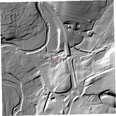 Shaded relief map of the ground around CA222NN, computed from Environment Agency LiDAR. The ground here sits at about 46 m above sea level and falls 51 m across the surrounding 800 m. Surface water reaching this point runs off ground lying to the south-south-east, 18.6 m higher.