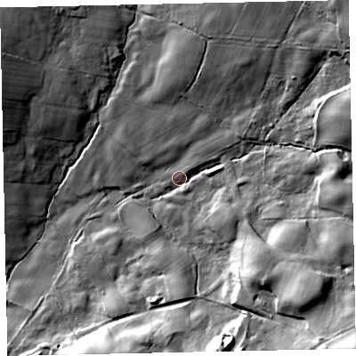 Shaded relief map of the ground around CA222NP, computed from Environment Agency LiDAR. The ground here sits at about 66 m above sea level and falls 56 m across the surrounding 800 m. Surface water reaching this point runs off ground lying to the south-east, 37.1 m higher.