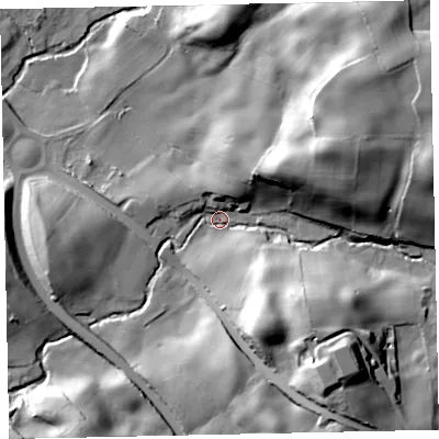 Shaded relief map of the ground around CA222NY, computed from Environment Agency LiDAR. The ground here sits at about 42 m above sea level and falls 40 m across the surrounding 800 m. Surface water reaching this point runs off ground lying to the south-east, 30.4 m higher.