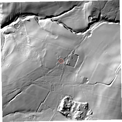 Shaded relief map of the ground around CA222PE, computed from Environment Agency LiDAR. The ground here sits at about 131 m above sea level and falls 110 m across the surrounding 800 m. Surface water reaching this point runs off ground lying to the east-north-east, 8.2 m higher.