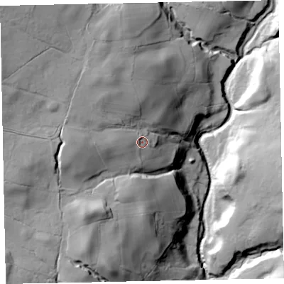 Shaded relief map of the ground around CA222PF, computed from Environment Agency LiDAR. The ground here sits at about 210 m above sea level and falls 92 m across the surrounding 800 m. Surface water reaching this point runs off ground lying to the west, 12.8 m higher.